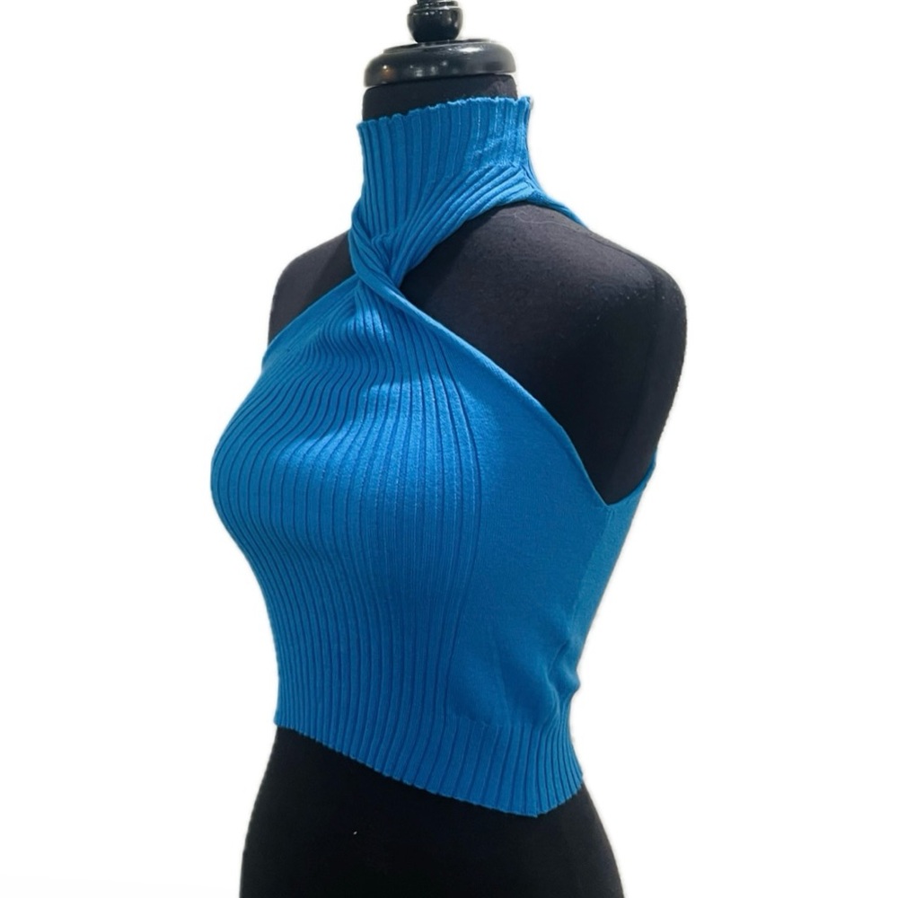 Blue Halter Neck Ribbed Top - Picture 7 of 8